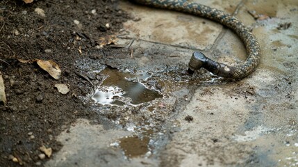 An outdoor faucet with a worn rubber hose attachment leaking water onto a concrete patio