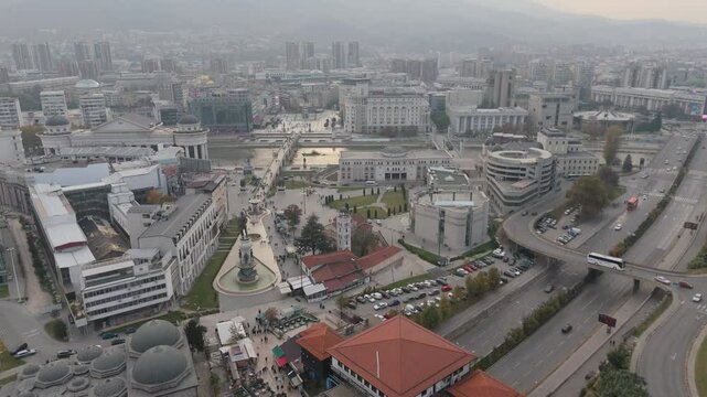 Aerial view of Ilinden Square and its historical landmarks in Skopje