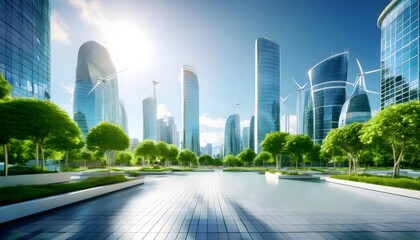 Obraz premium Sustainable modern city with futuristic skyscrapers and green urban landscaping