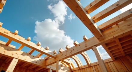 Obraz premium Modern wooden architecture exterior detail. Glued laminated timber structure. Arches, beams create openwork ceiling. Building under construction against blue sky with clouds. Contemporary design,
