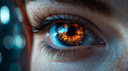 Digital Eye: A Close-Up of a Futuristic Iris Reflecting a Cityscape