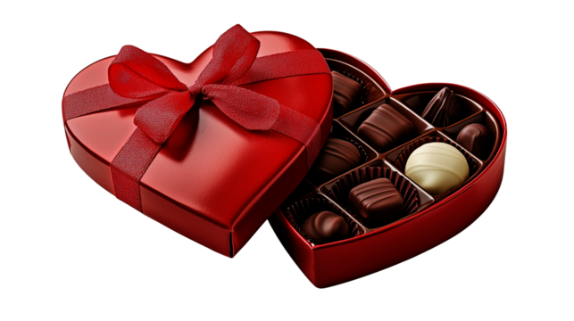 Red Heart-Shaped Box of Chocolates with a Pink Ribbon, Assorted Gourmet Treats, for Valentine's Day.