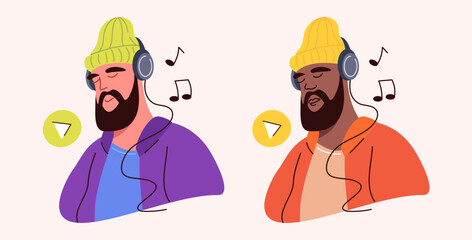 Stylish bearded young man in headphones enjoying the music. Two ethnic: сaucasian and black. Portrait in a modern, flat hand-drawn vector style