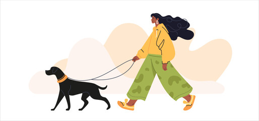 Stylish Afro-American girl walking with a large black dog. She wears trendy clothes, and her hair flows in the wind. Vector art, dynamic and minimalistic.