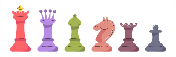 Set of colorful hand-drawn vector chess pieces. A logic and strategy game. Cartoon flat vector illustration isolated on a white background.