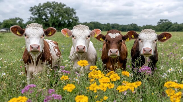 Four calves in a blooming meadow, rural farm
