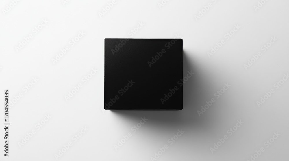 Poster Minimalist black cube on a white surface casting a subtle shadow in a bright, modern setting. Generative AI