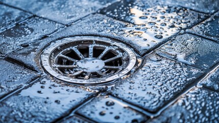 A clogged shower drain with a snake tool partially inserted, surrounded by stagnant water