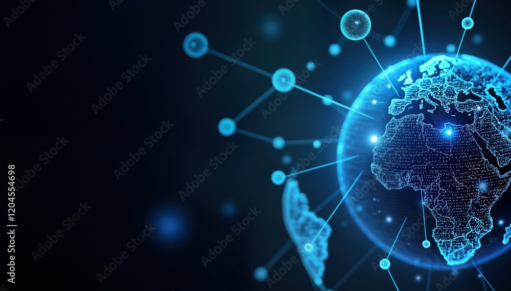 Poster Digital globe illuminated with blue lines showing global data networks. Tech visualisation of global connections. Modern representation of global data transfer. Futuristic design shows vibrant