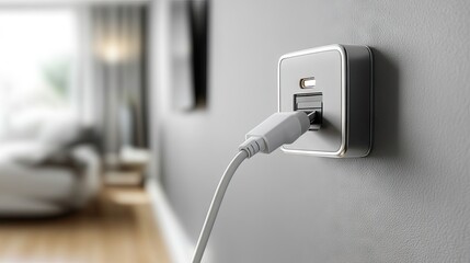 A close-up of a USB-C charger plug connected to a socket, with a smartphone charging nearby