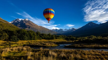 Fototapeta premium Majestic Mountain Landscape with Colorful Hot Air Balloon Soaring High Above Serene Valley