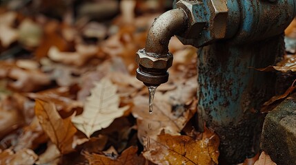 A close-up of water droplets falling from a corroded outdoor spigot onto dry leaves