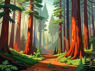 A dense forest in the Pacific Northwest with towering redwoods and moss-covered ground.
