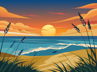 A coastal sunset over the Outer Banks with sand dunes and sea oats.
