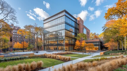 Fototapeta premium The Contemporary Architectural Marvel Surrounded by Vibrant Autumn Foliage, Showcasing Modern Design and a Harmonious Blend with Nature in an Urban Setting