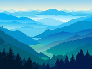 A misty view of the Great Smoky Mountains with layers of blue and green ridges.