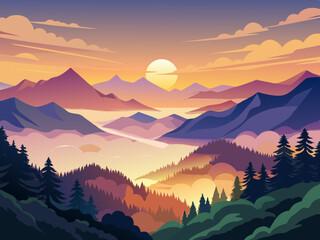 A panoramic view of the Appalachian Mountains blanketed in fog during sunrise.