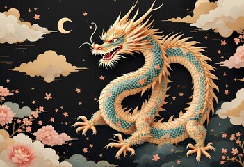 Obraz premium Majestic Chinese Dragon Soars Among Clouds and Blossoms