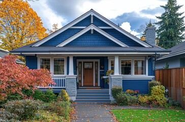 Blue house with white trim, porch, fence, and fall colors, captured on a sunny day with bright daylight.