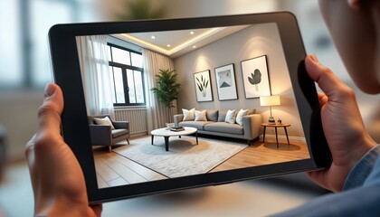 Person views interior design on tablet. Augmented reality tech shows virtual decor. AR home decor app displays living room. 3d design software. Interior designer uses tech for client. Modern living