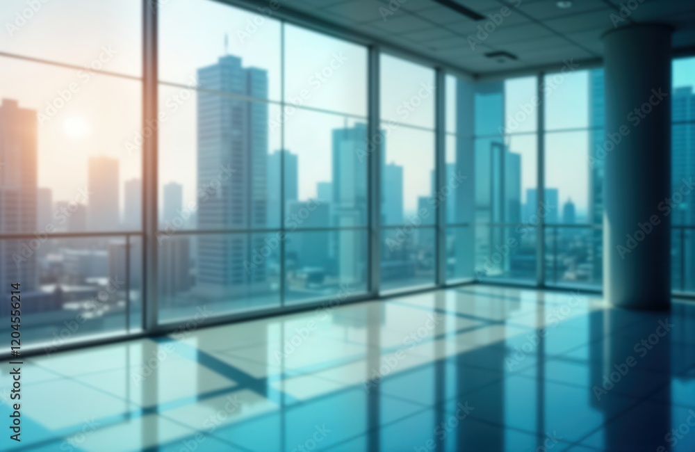 Poster Empty modern office space with large windows overlooking city. Image intentionally blurred giving abstract view of business building. Ideal for business concepts backgrounds. Clean lines, bright