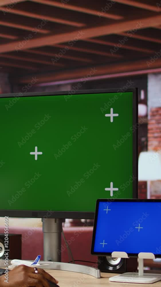 Aufkleber vertical video woman browsing social media at home using isolated screen computer display and tablet