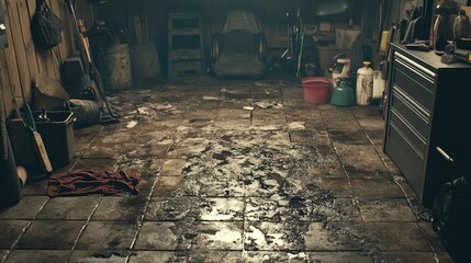 Obraz premium A dusty garage with a cracked tile floor, oil-stained rags, and tools scattered across the space