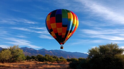 Obraz premium Vibrant Hot Air Balloon Soaring Over Majestic Mountain Range on a Sunny Day