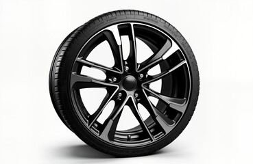 Obraz premium Side view of car wheel with black alloy rim, black tire. Isolated on white background. Modern design, sporty look. High tech automotive part. Durable rubber. Stylish automobile wheel for performance