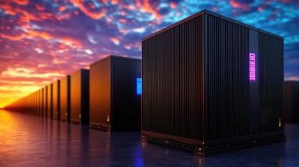 Obraz premium Sunset over server farm; data center computing; cloud storage; digital infrastructure