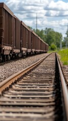 Obraz premium Long line of railcars stretches along a tranquil track under a bright sky surrounded by lush greenery in a rural area