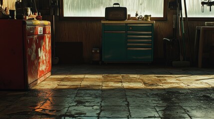 A garage with cracked floor tiles, oil stains, and an old toolbox sitting in the corner