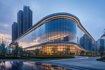 Obraz premium A modern office building with glass curtain walls and high-rises in the background, showcasing elegant urban architecture.