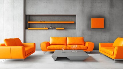 Modern orange leather living room interior with concrete walls