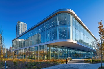 Obraz premium A modern office building with glass curtain walls, high-rises in the background, blue skies, and bright sunlight.