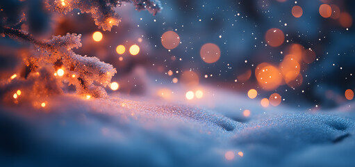 Winter Snowfall with Golden Bokeh Lights Background