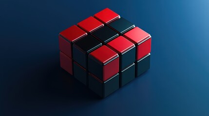 Abstract red and black cube puzzle on blue background.