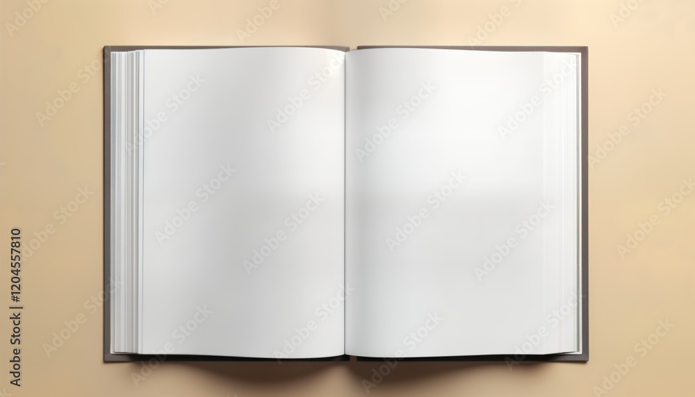 Aufkleber Open book with blank pages displayed on flat background. Top view image shows empty pages for design illustration. New, blank page ready for content. Suitable for use in education business projects