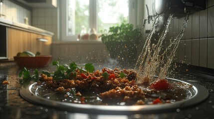 A kitchen sink drain clogged with greasy water and food particles, with a frustrated homeowner in the background