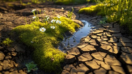 Naklejka premium Resilience: Daisies Blooming in Drought-Stricken Land