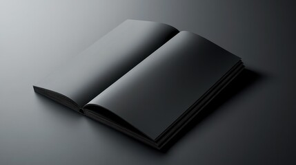 Open black book on dark surface.