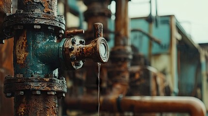 A leaking faucet in an industrial setting, surrounded by rusted pipes and damp surfaces