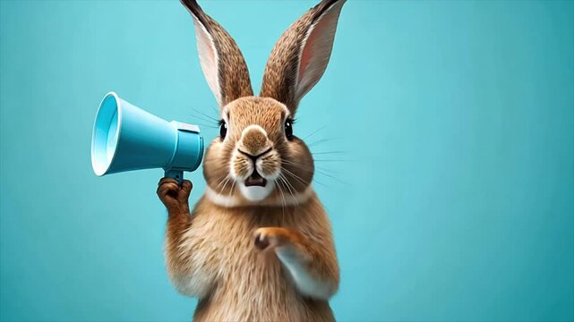 Easter bunny with loudspeaker. Energetic rabbit amplifies announcements with blue megaphone in playful sequence. Funny Easter animation