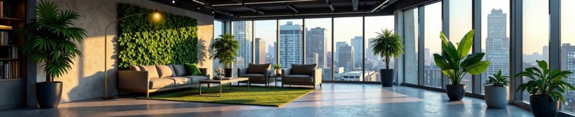 Modern office interior with large windows and green plants creating a serene workspace.