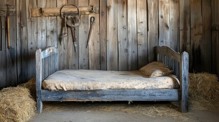 A rotted wooden bed frame leaning against a barn wall, surrounded by hay and old tools
