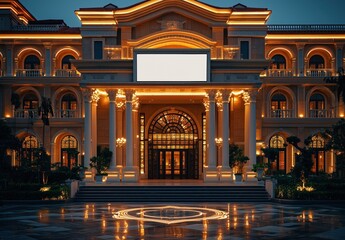 Obraz premium Hotel exterior with impressive entrance, columns, arches, warm lighting, blank white sign, capturing the luxury of a five-star city center resort.