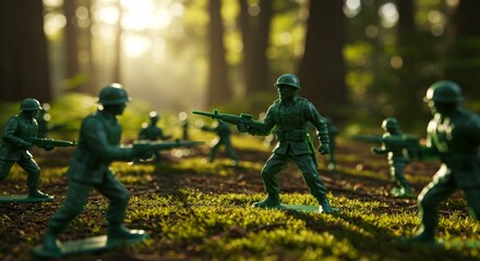 green toy soldiers on forrest background 