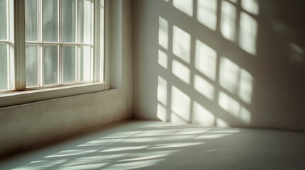 Fototapeta premium Soft shadows form geometric patterns through a window, casting a serene ambiance in a sunlit corner.