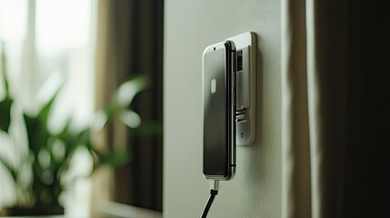 Naklejka premium A smartphone charger plug inserted into a socket, with the phone resting on a desk nearby