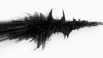 Abstract geometric art of buildings in contemporary style. Utilizing black and white graphics. Illustrating decaying buildings. Conveying a sense of destruction. Suitable for stock, banner, poster,
